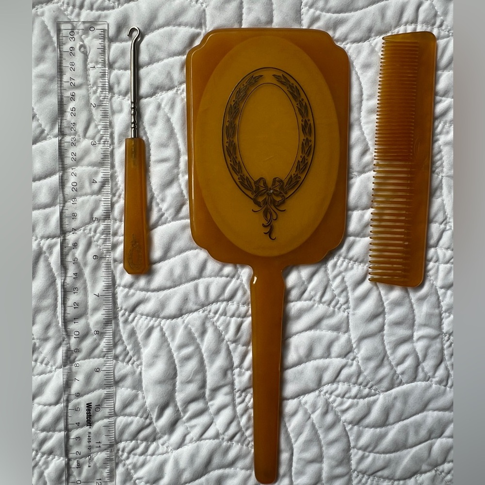 Vintage Art Deco Amber Celluloid Mirror, Comb & Button hook Set